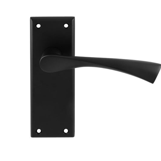 Carlisle Brass Venti Lever on Backplate in black finish, featuring a sleek, contoured lever design mounted on a rectangular backplate.