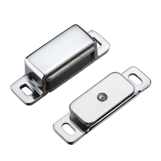 Zoo Hardware Magnetic Catch in a chrome finish, featuring a rectangular design with a strong magnet enclosed. The set includes two components with slots for screws for easy installation.