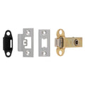 Carlisle Brass Easi-T Heavy Sprung Tubular Latch featuring a brass latch mechanism, silver strike plates, and a black faceplate. The set includes different finishes for versatility in installation.