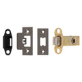 Carlisle Brass Easi-T Heavy Sprung Tubular Latch, featuring a combination of a metallic latch with a gold finish and black strike plates, designed for secure door locking mechanisms.