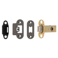 Carlisle Brass Easi-T Heavy Sprung Tubular Latch in a combination of finishes, including black and brass, featuring multiple components: a latch, strike plates, and keepers designed for door security.