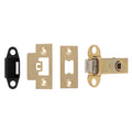 Carlisle Brass Easi-T Heavy Sprung Tubular Latch in gold finish, featuring a latch mechanism and strike plate, with a black faceplate included, designed for secure door closure.