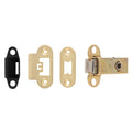 Carlisle Brass Easi-T Heavy Sprung Tubular Latch featuring a metallic finish with multiple components, including a latch, strike plates in gold, and a black plastic strike piece.