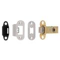 Carlisle Brass Easi-T Heavy Sprung Tubular Latch shown with four metal components, including a black latch, silver plates, and a gold latch mechanism, designed for secure door fastening.