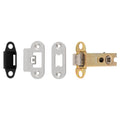 Carlisle Brass Easi-T Heavy Sprung Tubular Latch featuring multiple components, including a black strike plate, white keeper, silver latch, and gold-colored bolt, designed for secure door fastening.
