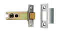 Carlisle Brass Easi-T Heavy Sprung Tubular Latch in metallic finish, includes a latch mechanism with a brass bolt and a rectangular strike plate for installation.