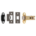 Carlisle Brass Easi-T Heavy Sprung Tubular Latch, featuring a metallic latch mechanism with a gold finish and various faceplates in different finishes, designed for secure door closure.