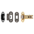 Carlisle Brass Easi-T Heavy Sprung Tubular Latch in gold finish, featuring a metal latch mechanism and accompanying strike plates in various colors, designed for door security.