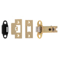 Carlisle Brass Easi-T Heavy Sprung Tubular Latch, featuring a brass finish with a black strike plate, including the latch mechanism and plate components, designed for secure door closure.