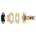 Carlisle Brass Easi-T Heavy Sprung Tubular Latch in brass finish, featuring a metal latch mechanism with three accompanying strike plates in different finishes, including black.