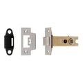 Carlisle Brass Easi-T Heavy Sprung Tubular Latch featuring a metal latch body with a gold finish, a rectangular strike plate, and a black plastic keep. Shown in three parts for installation.