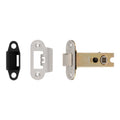 Carlisle Brass Easi-T Heavy Sprung Tubular Latch featuring a brass finish with two striking plates included, one in black and another in metallic finish, designed for secure door closures.