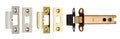 Carlisle Brass Easi-T Heavy Sprung Tubular Latch includes a gold finish latch mechanism and three matching strike plates in various finishes. The latch features a standard rectangular opening for easy installation.