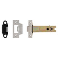Carlisle Brass Easi-T Heavy Sprung Tubular Latch, featuring a metal latch mechanism with a gold finish, and includes a strike plate and a black faceplate. Designed for door installations.