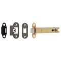 Carlisle Brass Easi-T Heavy Sprung Tubular Latch, featuring a metal latch mechanism with a yellow zinc finish, accompanied by three strike plates in different shapes for installation versatility.