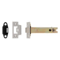 Carlisle Brass Easi-T Heavy Sprung Tubular Latch with a metal latch body, a silver finish, and included strike plates in black and silver colors. The product consists of a main latch and two strike plates.