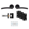 Carlisle Brass Tavira Door Handle Pack featuring a lever handle design, latch, and hinges in a sleek black finish. The pack includes two handles, a latch, three black hinges, and screws for installation.