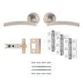 Carlisle Brass Tavira Door Handle Pack includes a lever, latch, and hinges in a satin nickel finish. The pack features two curved handles, a latch mechanism, and three pairs of hinges, all with matching hardware screws.
