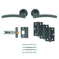 Carlisle Brass Tavira Door Handle Pack includes two gray lever handles, a latch, and four hinges in matching finishes, all made of durable metal with a modern design.