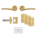 Carlisle Brass Tavira Door Handle Pack includes lever handles, latch, and hinges in a brass finish, featuring a curved design for easy grip. The set contains two handles, one latch mechanism, and multiple hinges for installation.