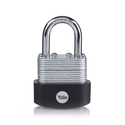 Carlisle Brass Laminated & Weatherproof Padlock with a silver metal body and a black plastic base, featuring a hardened steel shackle for added security.