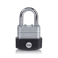 Carlisle Brass Laminated & Weatherproof Padlock featuring a chrome-plated shackle and a black body. The padlock has a robust design for added security, suitable for outdoor use.