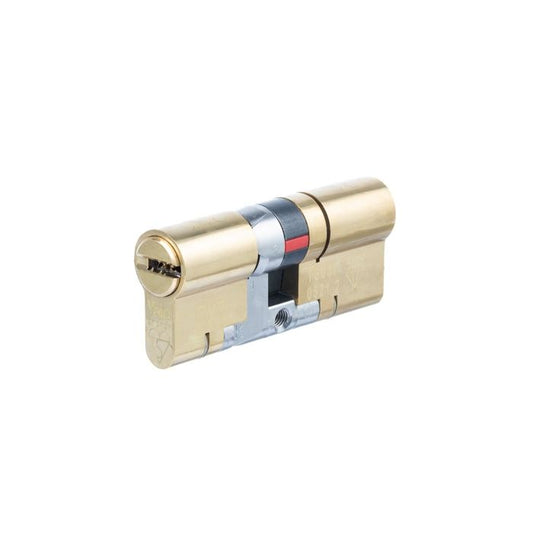 Carlisle Brass Yale Platinum 3 Star Cylinder in brass finish, designed with a robust locking mechanism visible on one side, featuring a central color band and two key entry points.