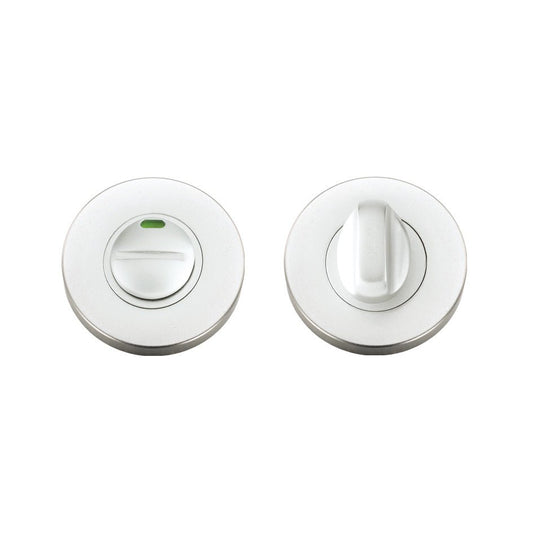 Zoo Hardware Turn and Release complete with escutcheons featuring an indicator and 5mm spindle, with a diameter of 53mm, shown with a smooth white finish and a simple round design.