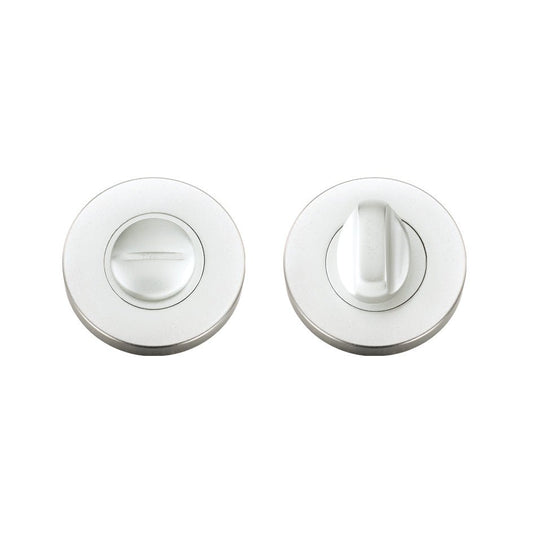 Zoo Hardware Turn and Release with Escutcheons and 5mm Spindle, featuring a 53mm diameter design in a polished finish, shown with a circular turnpiece and a flat escutcheon.