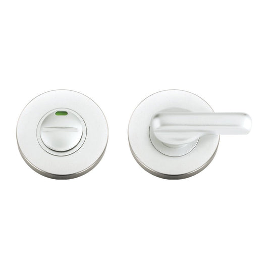 Zoo Hardware Disabled Turn and Release with Indicator, complete with escutcheons and 5mm spindle, featuring a 53mm diameter round design, shown with a simple lever handle and indicator for locking.