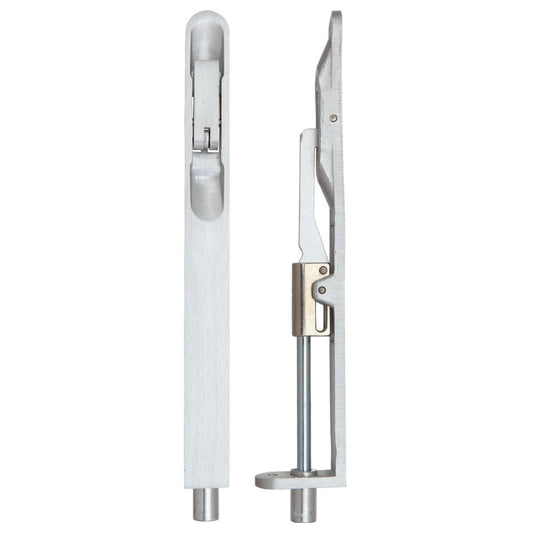 Zoo Hardware Lever Action Flush Bolt measuring 20 x 200mm with radius forends, featuring a silver finish and durable metal construction. The image shows both the front and side views of the bolt mechanism.