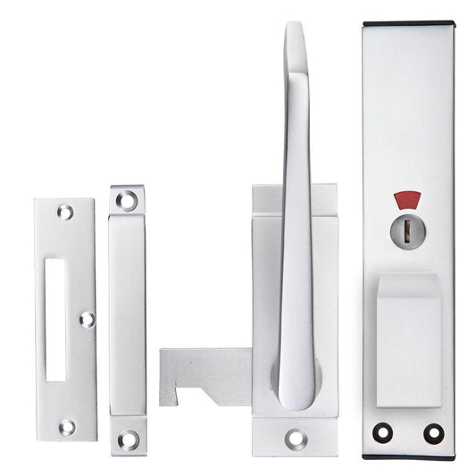Zoo Hardware Facility Indicator - Reversible in a silver finish, featuring a slim handle, removable locking mechanism, and associated plates. The design includes a visual indicator showing the lock status.