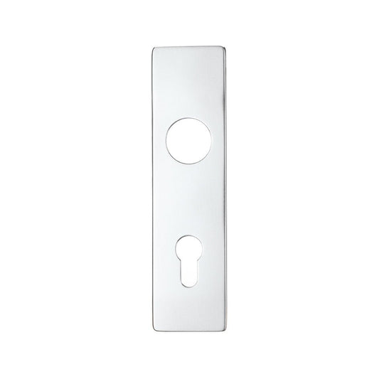 Zoo Hardware Spare Push on Euro Profile Backplate for Aluminium in a sleek chrome finish, designed with a circular hole and keyhole for easy installation.