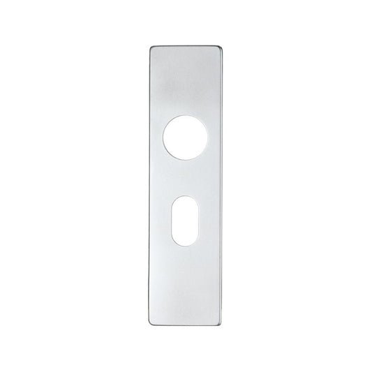 Zoo Hardware Spare Push on Oval Backplate for Aluminium in polished finish, featuring a rectangular shape with two cutouts, one round and one oval, for door hardware installation.