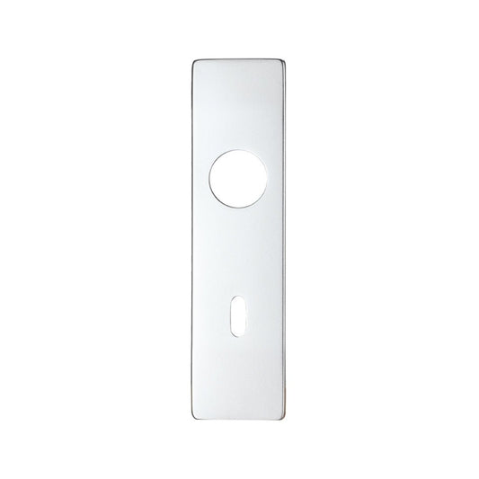 Zoo Hardware Spare Push on Lock Backplate for Aluminium, featuring a rectangular design in a polished finish with a circular hole and an elongated slot for the lock mechanism.