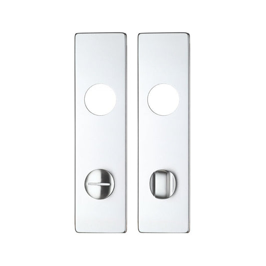 Zoo Hardware Spare Push on Bathroom Backplate for Aluminium in a sleek chrome finish, featuring a turn and release mechanism with 78mm centers, presented as two separate rectangular plates with circular cutouts.