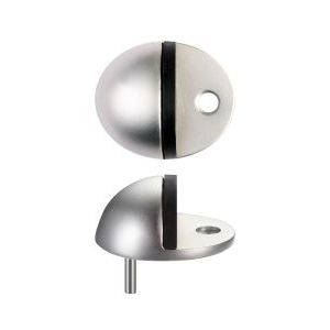 Zoo Hardware Door Stop - Oval Floor Mounted in silver finish, made of metal, featuring an oval shape with a rubber ring for gripping the door and a mounted base for secure installation.