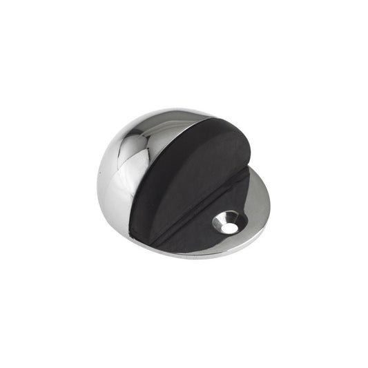 Zoo Hardware Oval Floor-Mounted Door Stop with a 48mm diameter, featuring a chrome finish on the body and a black rubber stop. The door stop is designed for face fixing to the floor.