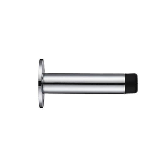 Zoo Hardware Door Stop - Cylinder with Rose 70mm - Face Fix in a polished chrome finish, featuring a cylindrical body and a rubber stop, designed for wall mounting and providing stability for doors.