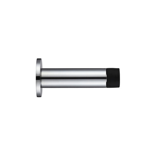 Zoo Hardware Door Stop - Cylinder c/w Rose 70mm in a silver finish, featuring a cylindrical metal body with a black rubber tip and a round base for stability.