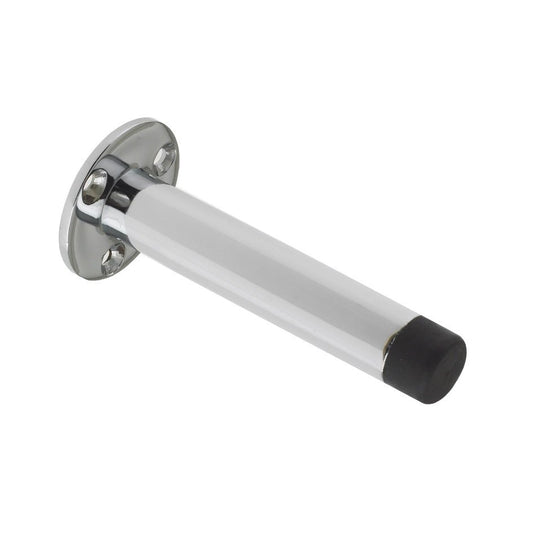 Zoo Hardware Door Stop - Cylinder with Rose 90mm - Face Fix in chrome finish featuring a cylindrical metal body and a black rubber tip for contact with the door.