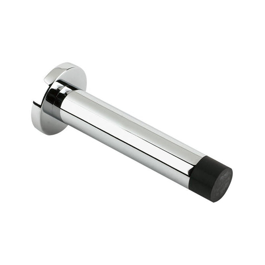 Zoo Hardware Door Stop - Cylinder c/w Rose 80mm in a chrome finish, featuring a cylindrical body and a black rubber base for durability.