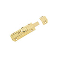 Zoo Hardware Surface Bolt 102mm in a polished brass finish, featuring a round thumb turn and two mounting plates. This surface bolt is designed for enhanced security on doors and gates.