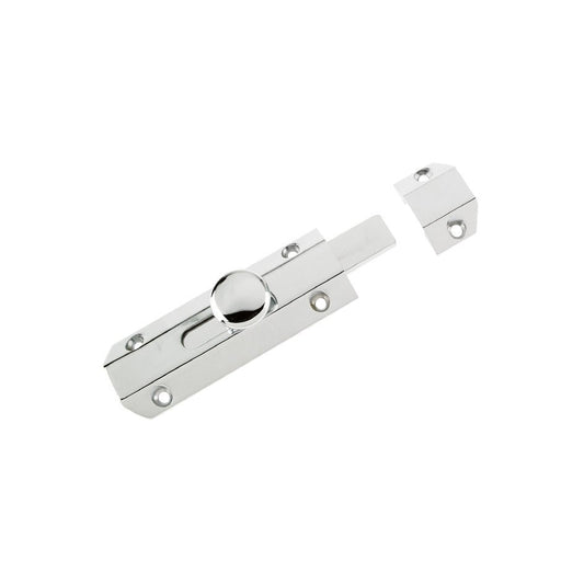 Zoo Hardware Surface Bolt 102mm in chrome finish, featuring a sliding bolt mechanism and two mounting brackets for secure installation.
