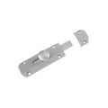Zoo Hardware Surface Bolt 102mm in silver finish, made of metal, featuring a cylindrical lock with two mounting plates for added security.