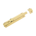 Zoo Hardware Surface Bolt 150mm in a brass finish, featuring a polished rectangular body and a round knob for secure locking, with a matching strike plate included.