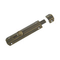 Zoo Hardware Surface Bolt 150mm in antique brass finish, featuring a long rectangular body with a round knob and a separate strike plate for secure locking.