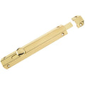 Zoo Hardware Surface Bolt 202mm in a polished brass finish, featuring a streamlined design with a round knob for operation and a complementary strike plate for installation.