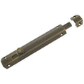 Zoo Hardware Surface Bolt 202mm in antique brass finish, featuring a cylindrical knob and a sliding bolt mechanism, designed for securing doors and gates.