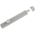 Zoo Hardware Surface Bolt 202mm in silver finish, featuring a long metal body with a round knob for sliding action, shown with a removable end plate for installation.